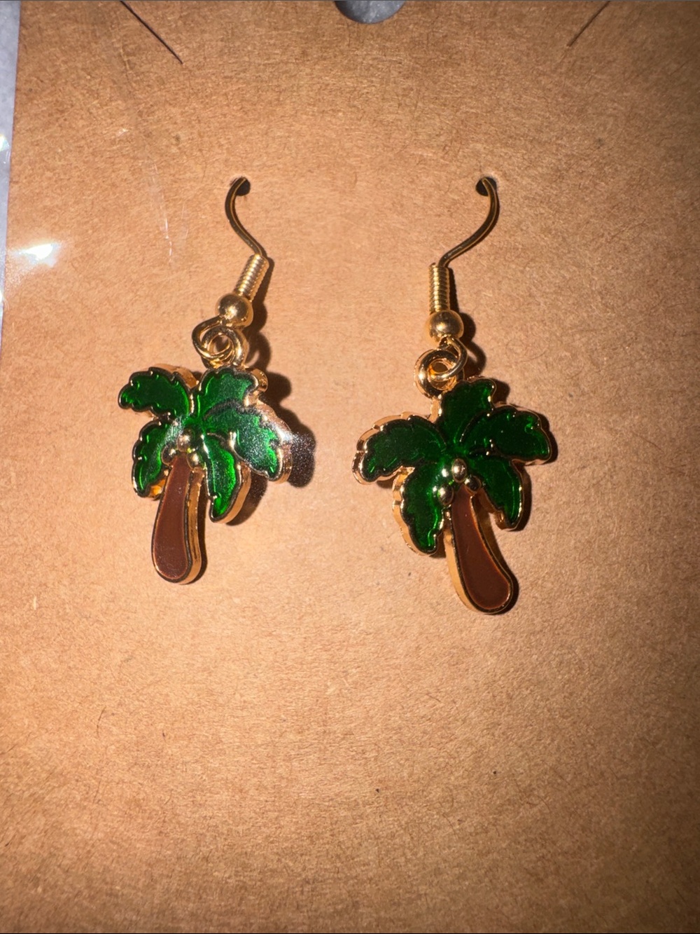 Gold-Tone Palm Tree Dangle Earrings with Green Enamel